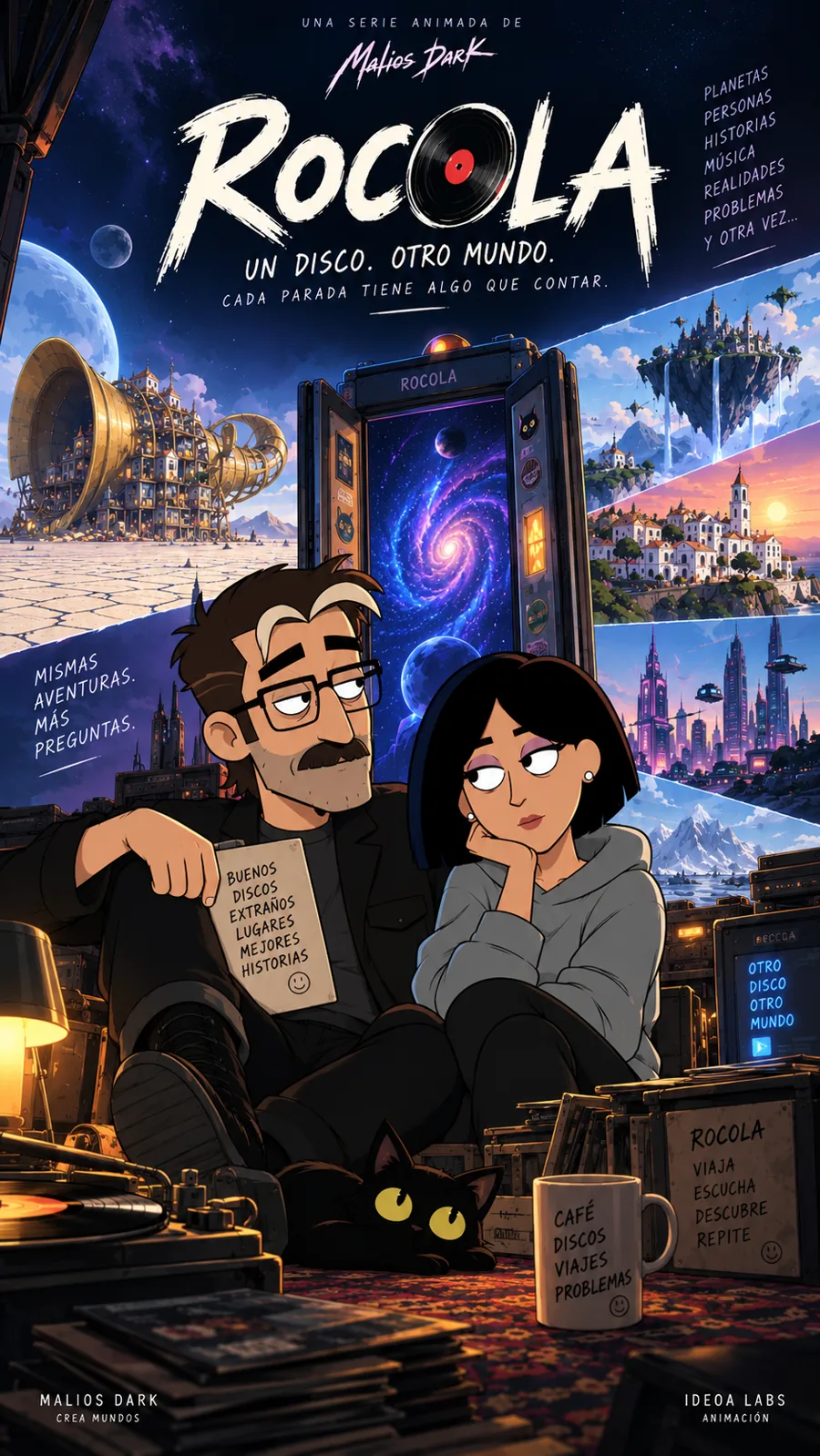 Rocola poster: Andryu and Kenya in front of the listening booth